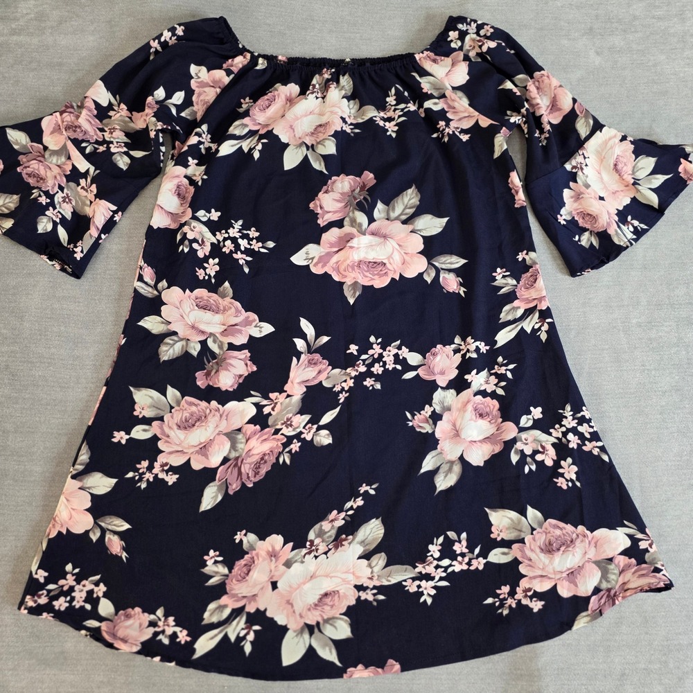 Boho Romantic Floral Off the Shoulder Dress Women XL Navy Pink Rose Bell Sleeve‎